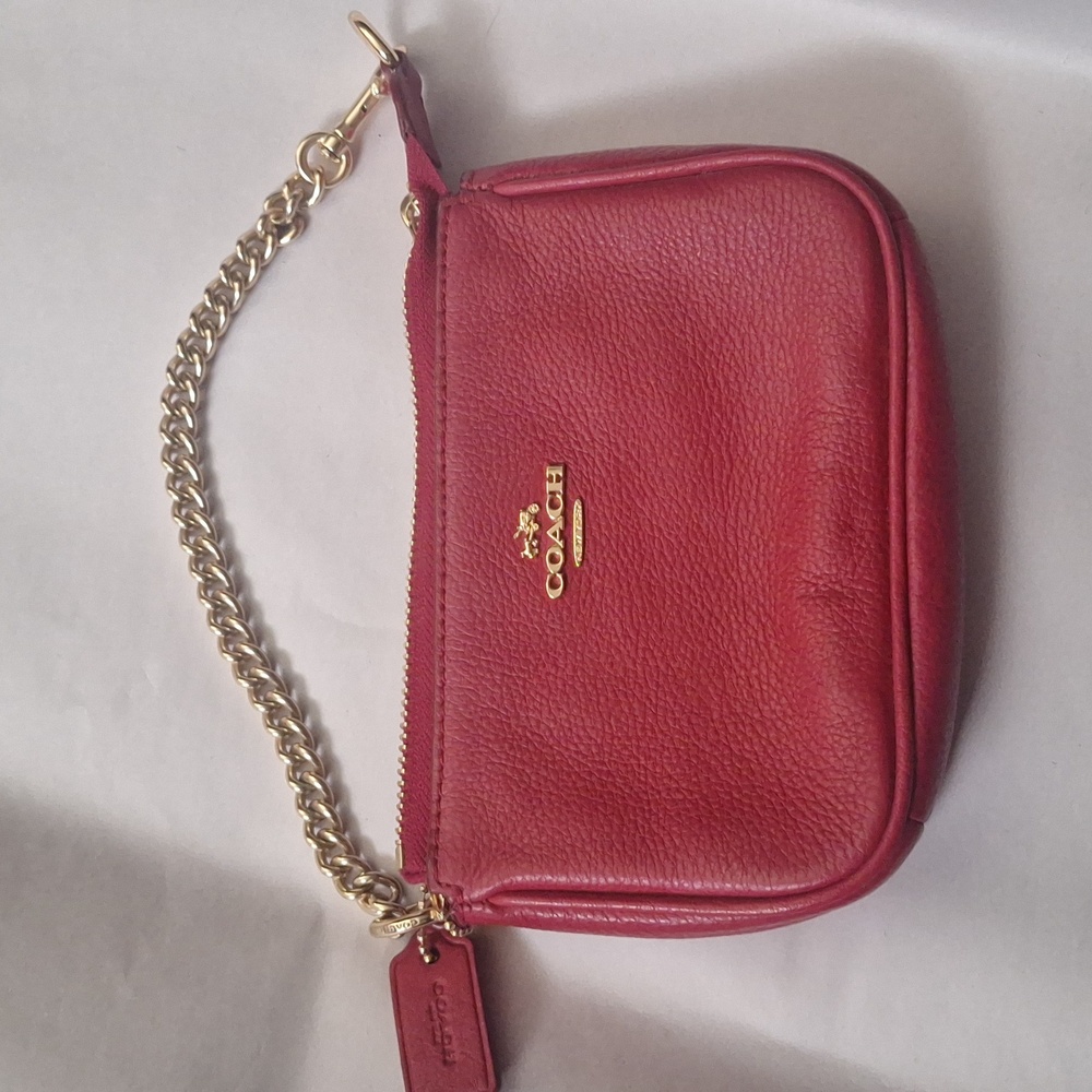 Coach Cherry Red Leather Wristlet with Gold Chain